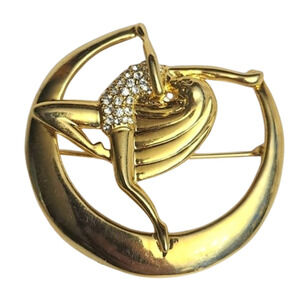 Vtg Unsigned Swarovski Gold Art Deco Crystal Woman Dancing  on Moon Pin Brooch
